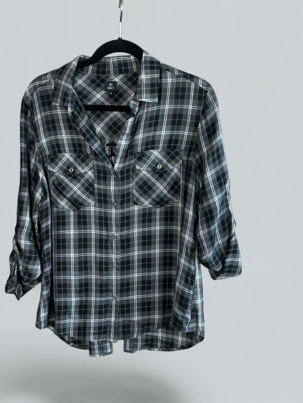 Billy T Shirt Women's Button Front Blouse Gray Plaid Corset Back Size Small